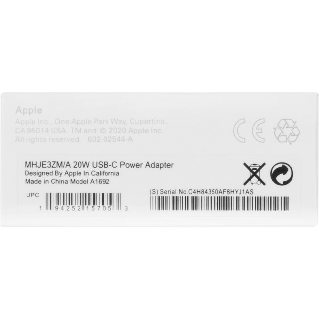 Мережевий зарядний пристрій 99% Original Charger Type-C 20W (MHJE3ZM/A / MU7V2ZM/A) (box)