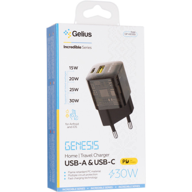 Мережевий зарядний пристрій Gelius Genesis GP-HC055 USB+Type-C 30W GaN (Incredible series) Transparent Black