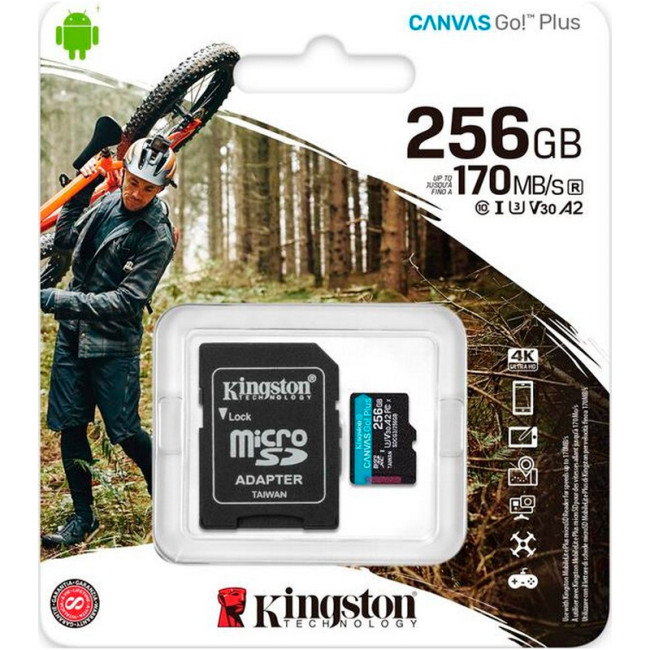 Карта пам'яті microSDXC 256Gb KIngston Canvas Go Plus (UHS-1 U3) (R-170Mb/s, W90Mb/s) + адаптер SD