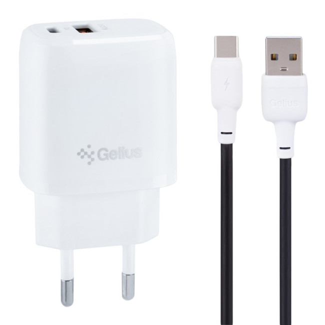Мережевий зарядний пристрій Gelius X-Duo GP-HC014 QC3.0/PD20W USB+Type-C White + кабель Type-C Gelius Full Silicon (18W) Black/White