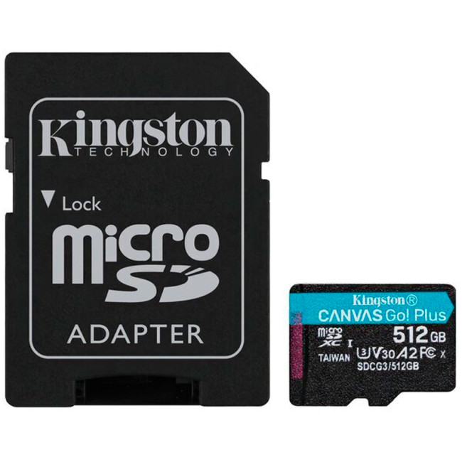 Карта пам'яті microSDXC 512Gb Kingston Canvas Go Plus A2 V30 (UHS-1 U3) (R-170Mb/s) + адаптер SD