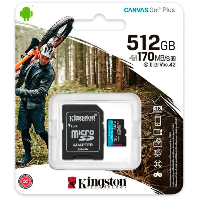 Карта пам'яті microSDXC 512Gb Kingston Canvas Go Plus A2 V30 (UHS-1 U3) (R-170Mb/s) + адаптер SD