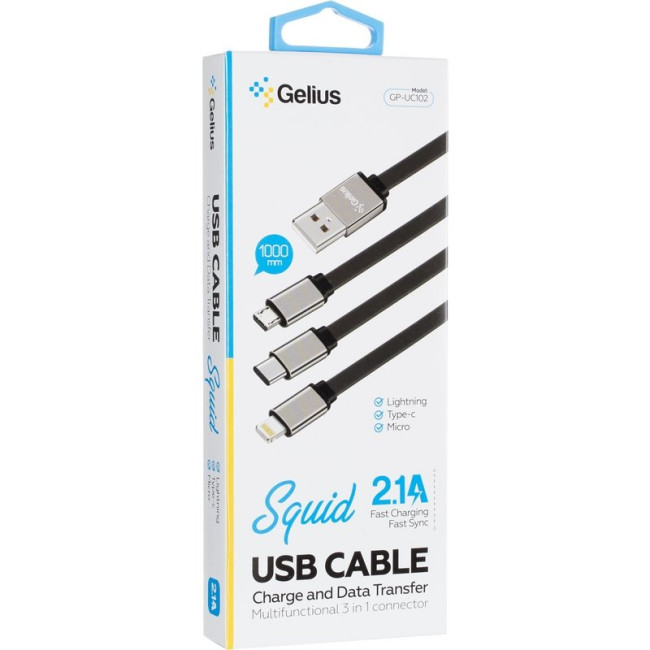 Кабель USB Gelius Squid GP-UC102 3in1 MicroUSB/Lightning/Type-C (1м) (12W) Black