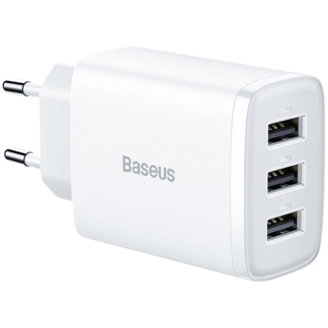 Мережевий зарядний пристрій Baseus Compact Charger 3USB 17W (CCXJ020102) White