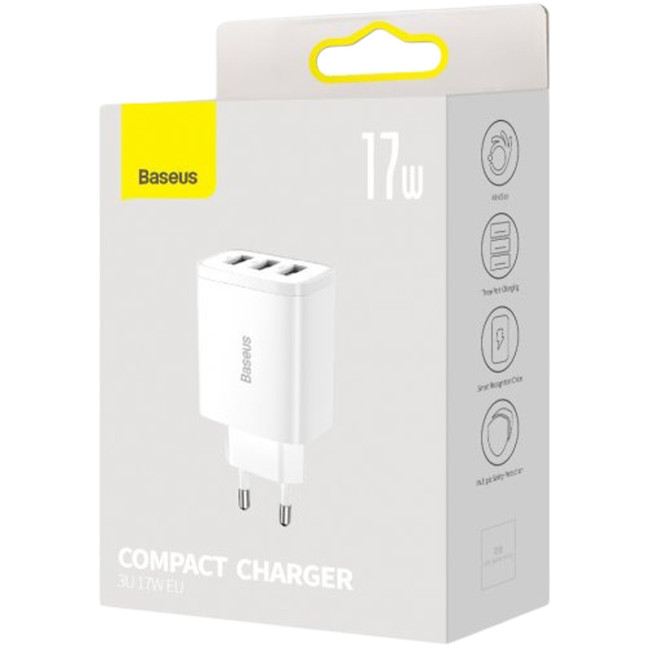 Мережевий зарядний пристрій Baseus Compact Charger 3USB 17W (CCXJ020102) White