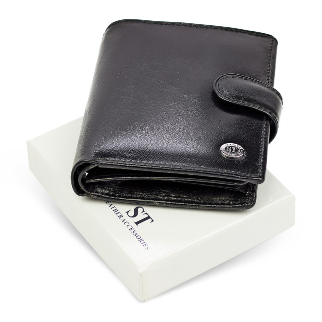 Вертикальне чоловіче портмоне з натуральної шкіри на кнопці ST Leather B142 Чорне