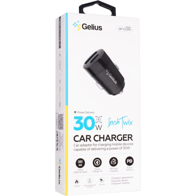 Автомобільний зарядний пристрій Gelius Inch Twix GP-CC010 USB+Type-C QC/PD (30 Watt) Black