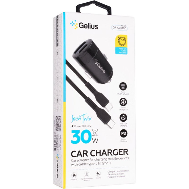 Автомобільний зарядний пристрій Gelius Inch Twix GP-CC010C USB+Type-C QC/PD (30 Watt) + кабель Type-C/Type-C Black 