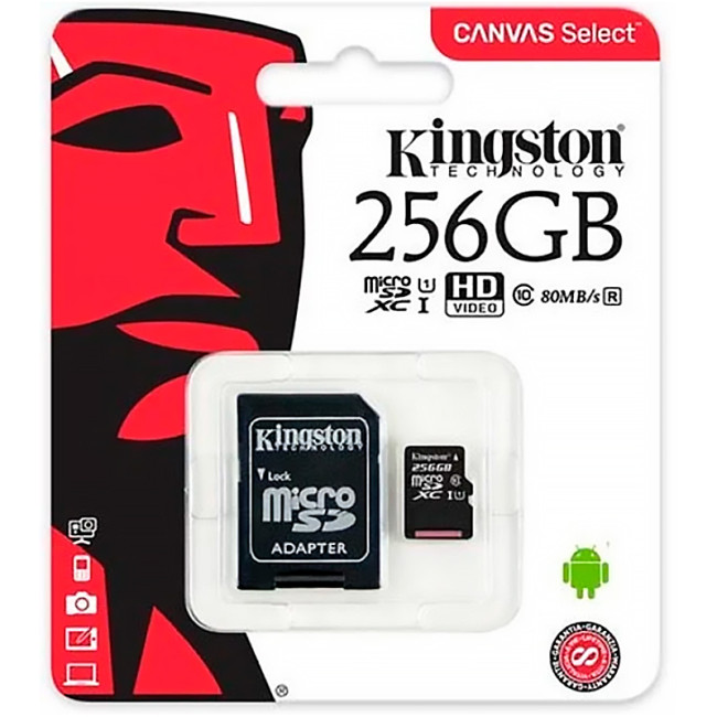 Карта пам'яті microSDXC 256Gb KIngston Canvas Select Plus A1 (UHS-1)(R-100Mb/s) + адаптер SD