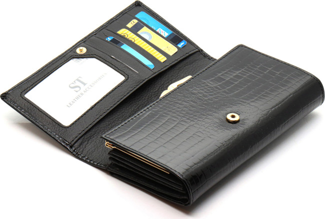 Чорний лаковий гаманець з великою монеткою та блоком для карт ST Leather S9001A