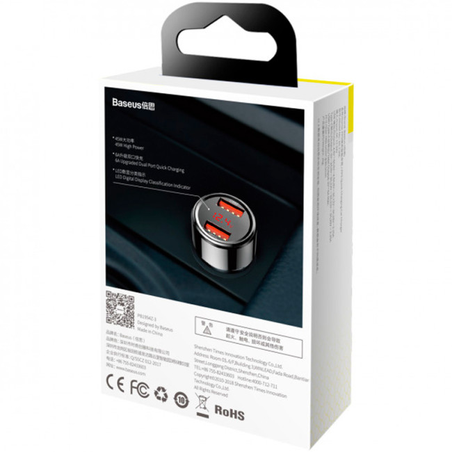 Автомобільний зарядний пристрій Baseus with Display 2USB (6A) (CCMLC20A-01) Black