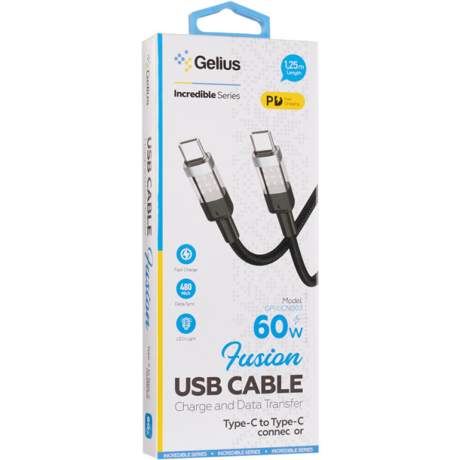 Кабель USB Gelius Fusion GP-UCN003 (Incredible series) Type-C/Type-C (1.25m) (60W) Black