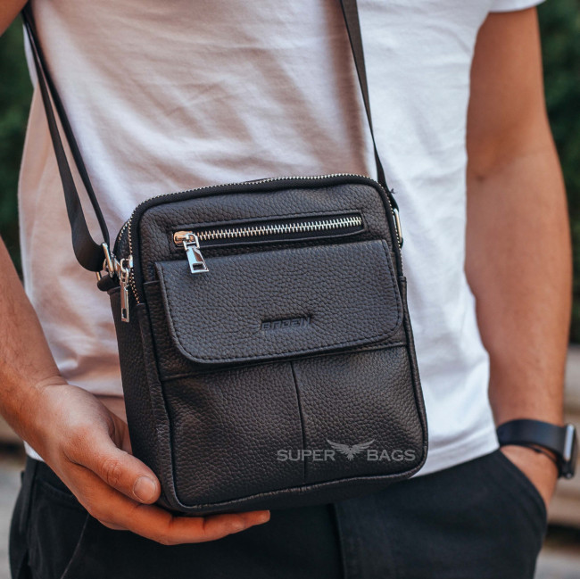 Сумка-месенджер чоловіча чорна з натуральної шкіри через плече Tiding Bag ТВ-14136