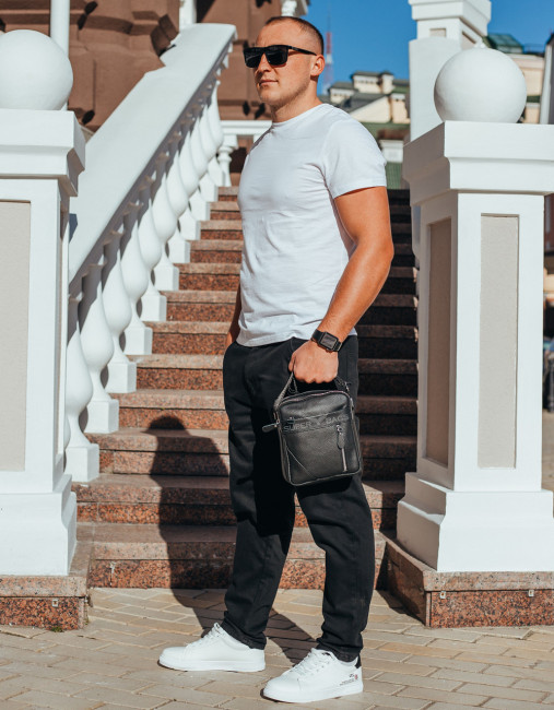 Класична чоловіча шкіряна сумка через плече Tiding Bag M38-10131A чорна