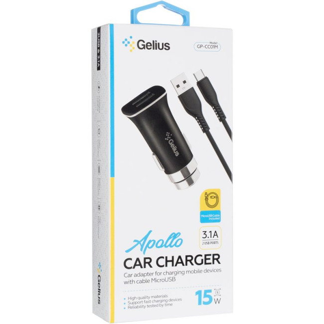 Автомобільний зарядний пристрій Gelius Apollo GP-CC01 2USB 3.1A 15W + кабель MicroUSB Black
