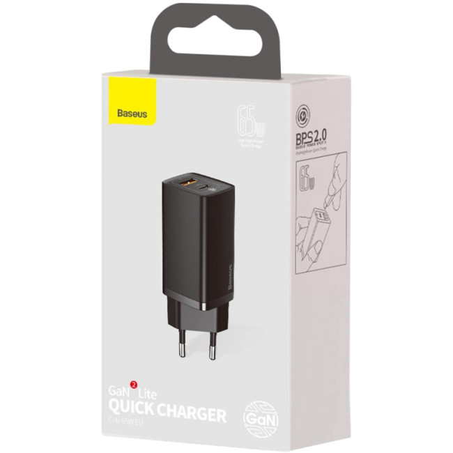 Мережевий зарядний пристрій Baseus GaN Lite 65W 1USB + Type-C (CCGAN2L-B01) Black