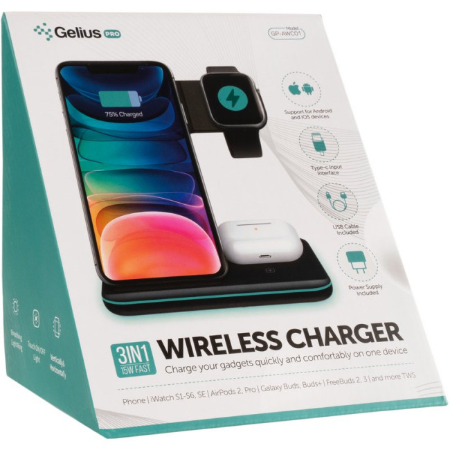 Бездротовий зарядний пристрій Gelius Wireless Charger 3in1 15W GP-AWC01 Black
