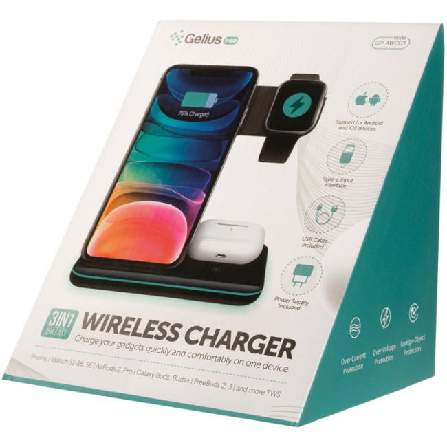 Бездротовий зарядний пристрій Gelius Wireless Charger 3in1 15W GP-AWC01 Black