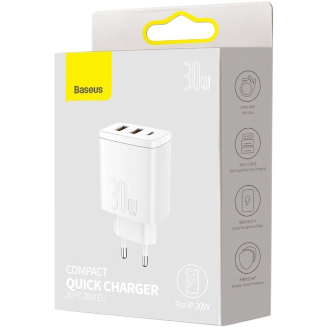 Мережевий зарядний пристрій Baseus Compact Quick Charger 2USB + Type-C 30W (CCXJ-E02) White