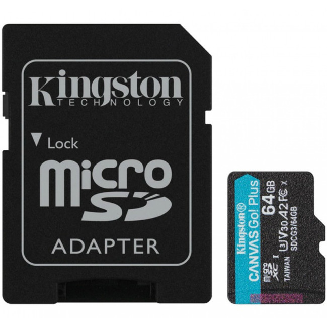 Карта пам'яті microSDXC 64Gb Kingston Canvas Go Plus A2 V30 (UHS-1 U3) (R-170Mb/s) + адаптер SD