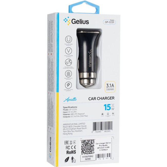 Автомобільний зарядний пристрій Gelius Apollo GP-CC01 2USB 3.1A 15W Black