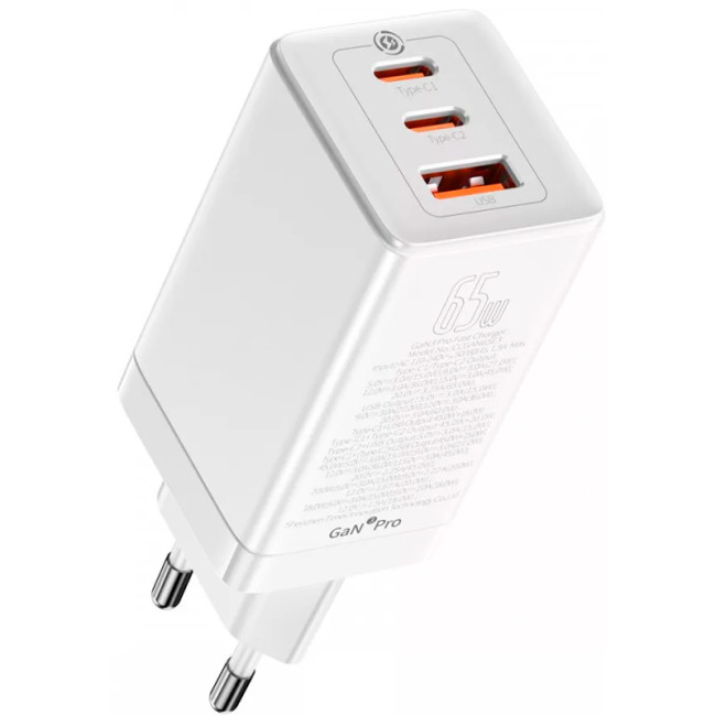 Мережевий зарядний пристрій Baseus GaN3 Pro Quick Charger 1USB + 2Type-C 65W (CCGP050102 ) + кабель Type-C/Type-C 100W White