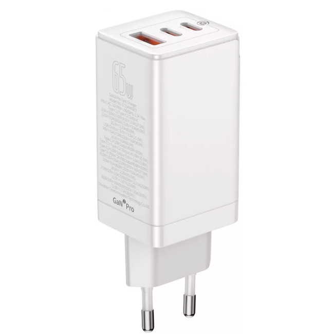 Мережевий зарядний пристрій Baseus GaN3 Pro Quick Charger 1USB + 2Type-C 65W (CCGP050102 ) + кабель Type-C/Type-C 100W White