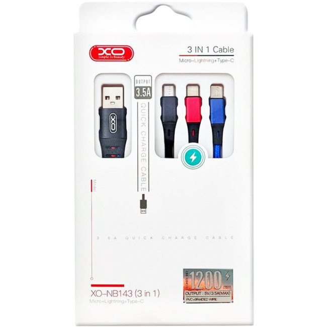 Кабель USB XO NB143 3in1 1.2m Black/Red/Blue