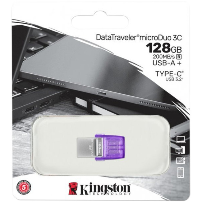 USB флеш накопичувач Kingston DTMicroDuo 3C (Type-A/Type-C) (200Mb/s) 128Gb USB 3.2