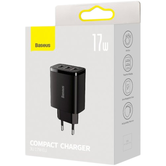 Мережевий зарядний пристрій Baseus Compact Charger 3USB 17W (CCXJ020101) Black