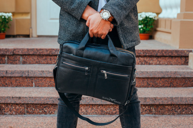Ділова шкіряна сумка для ноутбука Borsa Leather 5526 Чорна