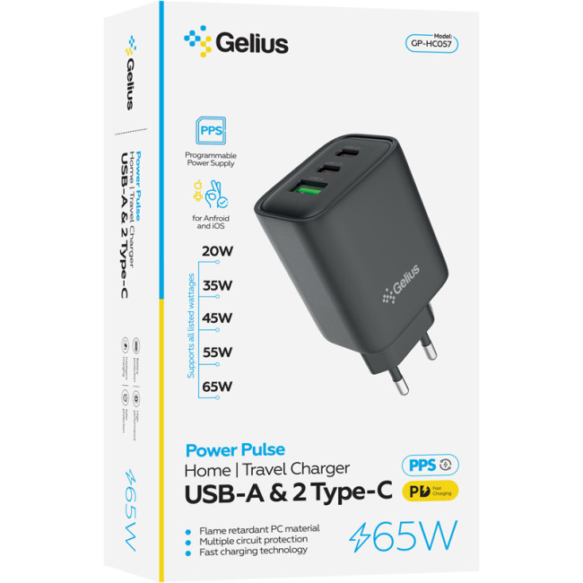 Мережевий зарядний пристрій Gelius Power Pulse GP-HC057 65W USB+2Type-C Black