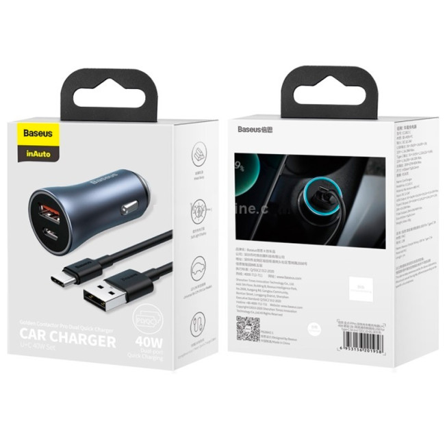 Автомобільний зарядний пристрій Baseus Golden Contactor Pro 40W 1USB + Type-C (TZCCJD-0G) + кабель USB/Type-C 1m Dark Grey