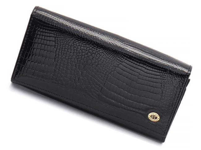 Гаманець чорний багатофункціональний лаковий з натуральної шкіри ST Leather S1001A