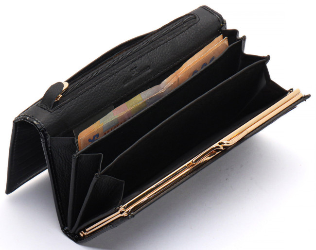 Гаманець чорний багатофункціональний лаковий з натуральної шкіри ST Leather S1001A