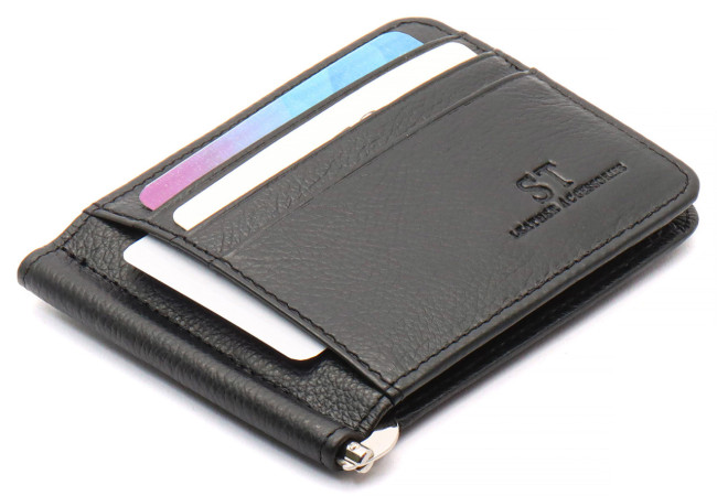 Чорний затискач для банкнот та карток з натуральної шкіри ST Leather ST452