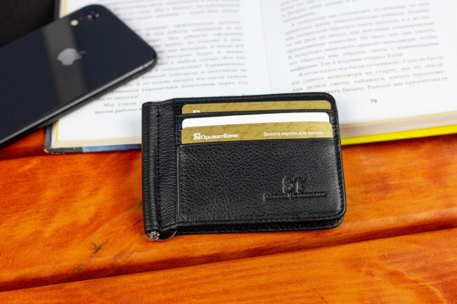 Чорний затискач для банкнот та карток з натуральної шкіри ST Leather ST452
