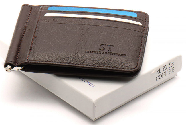 Коричневий затиск для банкнот і карток з натуральної шкіри ST Leather ST452