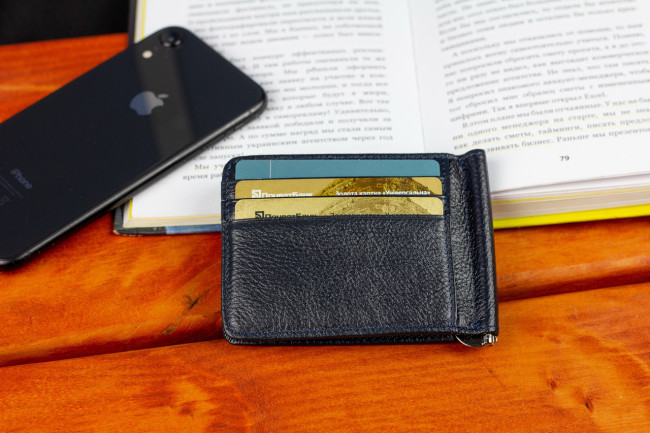 Синій затиск для банкнот і карток з натуральної шкіри ST Leather ST452