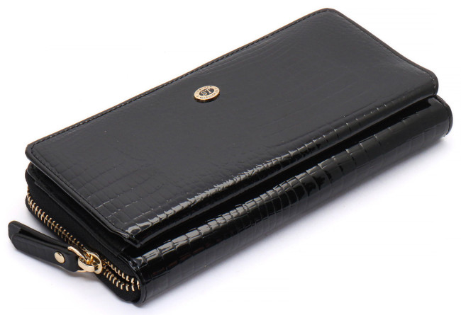 Гаманець чорний лаковий з натуральної шкіри із блоком для карток ST Leather S7001A
