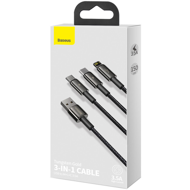 Кабель USB Baseus Tungsten Gold One-for-three USB to M+L+C 3.5A (CAMLTWJ-01) 1.5m Black