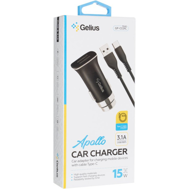 Автомобільний зарядний пристрій Gelius Apollo GP-CC01 2USB 3.1A 15W + кабель Type-C Black