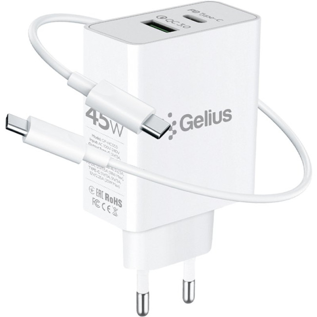 Мережевий зарядний пристрій Gelius X-Duo PRO 45W GP-HC053 + кабель Type-C/Type-C White