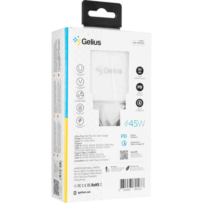 Мережевий зарядний пристрій Gelius X-Duo PRO 45W GP-HC053 + кабель Type-C/Type-C White