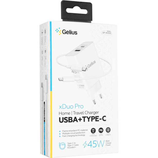 Мережевий зарядний пристрій Gelius X-Duo PRO 45W GP-HC053 + кабель Type-C/Type-C White