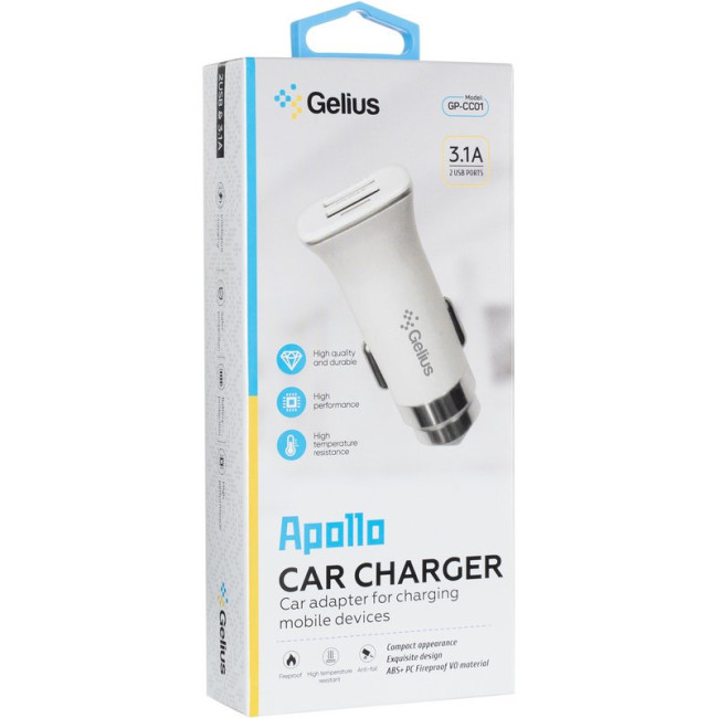 Автомобільний зарядний пристрій Gelius Apollo GP-CC01 3.1A + кабель MicroUSB White