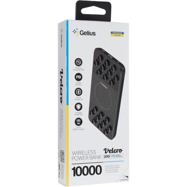 Додаткова батарея з бездротовою зарядкою Gelius Velcro GP-PBW1120 10000mAh QC+PD 20W (Wireless 10W) (Incredible series) Black