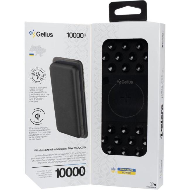 Додаткова батарея з бездротовою зарядкою Gelius Velcro GP-PBW1120 10000mAh QC+PD 20W (Wireless 10W) (Incredible series) Black