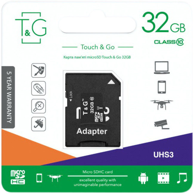Карта пам'яті microSDHC 32Gb T&G (UHS-3)(Class 10) + адаптер SD