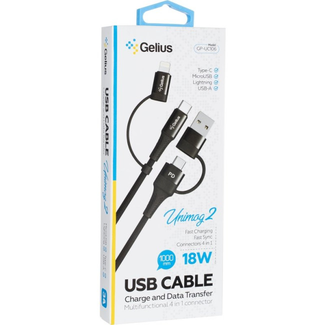 Кабель USB Gelius Unimog 2 GP-UC106 4in1 USB-A/Type to Type-C/Lightning (1м) (18W) Black
